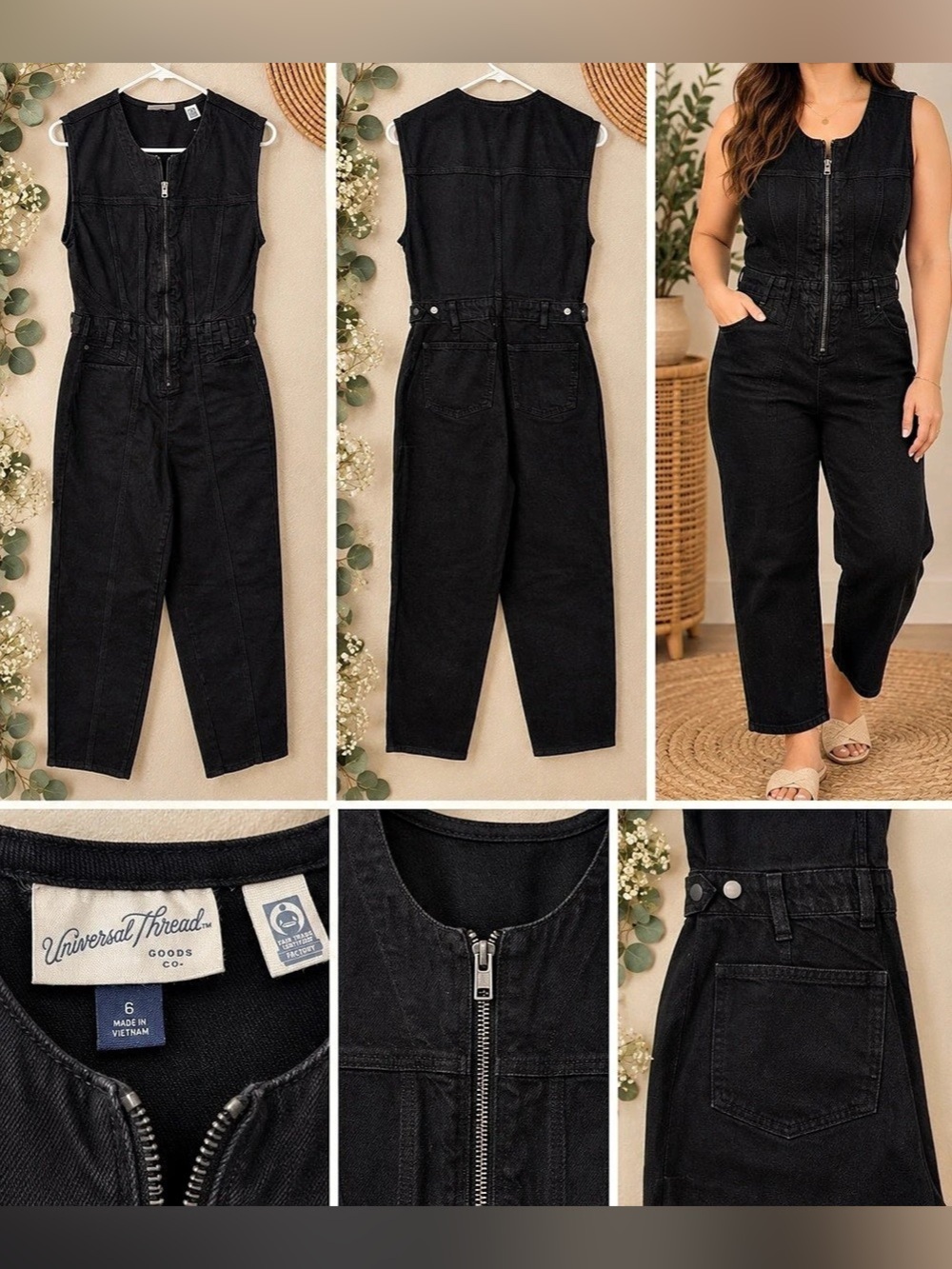 Universal Thread Zip-Front Sleeveless Denim Jumpsuit Black Size 6